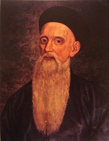 Painted portrait of the head and upper body of a western man with a long white beard who is wearing a black cap and a black robe.