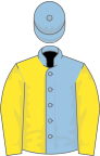 Light blue and yellow halved, yellow sleeves, light blue cap