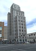 Luhrs Tower built in 1929 and located at 45 W. Jefferson St.. The Luhrs Tower appeared in the background of a scene from the 1960 film Psycho in which the character Marion Crane (played by Janet Leigh) crossed the street with the deposit she was supposed to make for her boss. Listed in the National Register of Historic Places. Reference 85003559