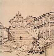 Pen and ink over pencil on paper of the church and steps of St. Paul, Macao from October 18, 1834.
