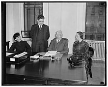 The staff of the Cultural Relations Division at the State Dept., left to right; Luz Maria Roman, Dr. Richard Pattee, Dr. Ben. Cherrington, Martha Le May in 1938.