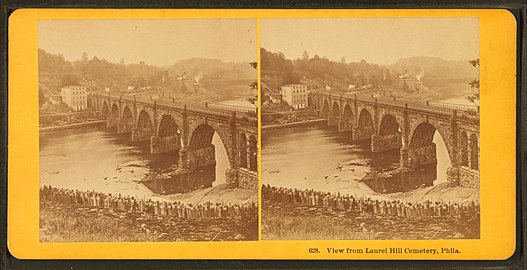 "View from Laurel Hill Cemetery, Phila." The Philadelphia & Reading Railroad, Schuylkill River Viaduct (1853–56, still in use) was built at the approximate location of the Chain Bridge. This photograph was taken from almost the same spot as the Birch painting.