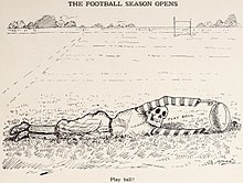 Cartoon showing a figure with a skeletal head holding a football upright with extended arms while lying down on a football field