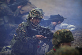 Peruvian marines carry F2000 assault rifles during a large-scale multinational amphibious beach assault in Ancon, Peru, 19 July 2010.