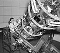 Astronomer Ben Gascoigne at a telescope at Mount Stromlo Observatory, Canberra, 1948