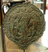 Minerva between Hercules and Lolaus, in a mirror, bronze inlaid with gold and silver.