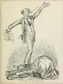 A black-and-white cartoon of a late-middle-aged man standing atop a woman labelled "Canada". His arms are spread and he smiles. On one hand is written "I need another $10,000", and in the other hand is a piece of paper on which is written, "Prorogation and suppression of the investigation".