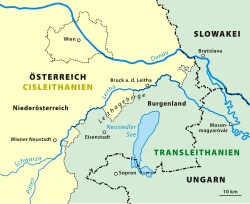 Map of the Leitha with the demarcation of Cis- and Transleithania (coloured) and the current borders (black)