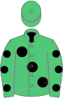 Emerald green, large black spots, black spots on sleeves, emerald green cap