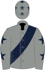 Grey, dark blue sash, dark blue stars on sleeves, grey cap, dark blue stars