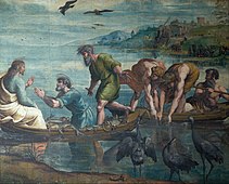 The Miraculous Draught of Fishes (Luke 5:1–11): This cartoon depicts Christ telling Peter and the Apostles where to cast their net. This resulted in the "miraculous catch." Within the design, Peter is pictured bowing before Christ as if thanking him for the harvest full bounty that was caught. Raphael's attention to details is shown in this tapestry in how there is a mirror image of the artwork reflected in the water. The piece utilizes foreshortening, as well as perspective (note the distant background) and tones (note the forefront of the image).