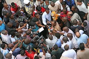 Police Commissioner Suleiman Kova answers and addresses the media at ground zero near the 2013 Dar es Salaam building collapse