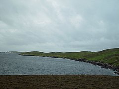 Looking SSW across the Bight of Cudda on the west of the sound towards the Head of Berg on West Linga
