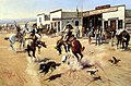 "A Quiet Day in Utica" also known as "Tinning a Dog" (1907). Depicts Russell and other actual residents of Utica, Montana, including General Store owner Charles Lehman, and ex-slave Mollie Ringwold, hotel owner, saloon-keeper and later cook for the nearby Yogo sapphire mine