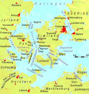Map of the Danish Islands between Jutland and Scania.