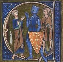 一幅插畫，描繪了一個頭頂後部剃光的人，一個身著盔甲、手持盾牌的人，以及一個手持鏟子的人