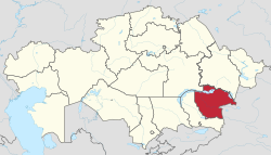 Map of Kazakhstan, location of Jetisu Region highlighted