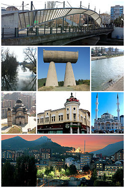 從頂部（從左到右）： 伊巴爾大橋，錫特尼察河（英語：Sitnica），礦工紀念碑，伊巴爾河，聖德米特里東正教堂，前賈德蘭酒店，清真寺，米特羅維察夜景