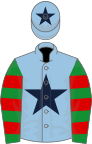 Light blue, dark blue star, green and red hooped sleeves, light blue cap, dark blue star