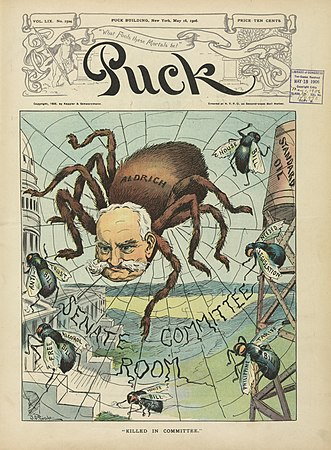 图为《扼杀于委员会中》，由J·S·皮尤所绘，是《Puck杂志》1906年5月16日号的封面。