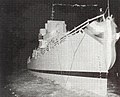 HMS Retalick K 555 sliding down the slipway in the early morning on October 9, 1943 at Bethlehem-Hingham shipyard.