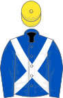 Royal blue, white cross belts, yellow cap