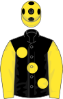 Black, large Yellow spots and sleeves, Yellow cap, Black spots