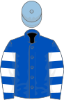 Royal blue, white hooped sleeves, light blue cap
