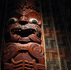 Detail of carved post from the Maori meeting house Hotunui.