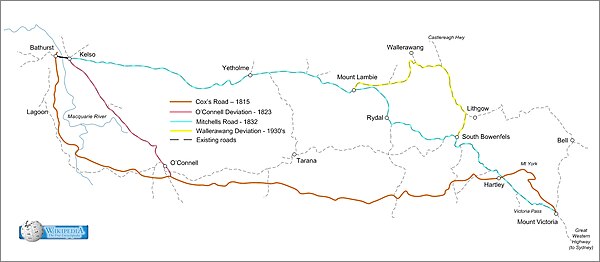 Diagram showing road routes Mount Victoria to Bathurst section of the Sydney to Bathurst Road – Cox's Road 1815, O'Connell Deviation 1823, Mitchell's Road 1832, and Wallerawang Deviation 1930's.