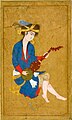 Young man with Iranian rubab, 16th century, Safavid Empire. 8-shaped body resembles a tar, but tars have both sides of the 8 covered with hide. Rubabs had a lower section covered with hide, and an upper hollow section covered with wood.