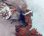 This false colour satellite image shows blue melt ponds in Greenland