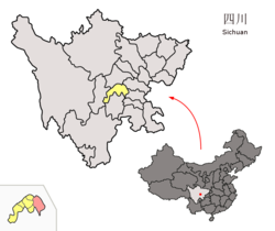 Location of Renshou County (red) within Meishan City (yellow) and Sichuan