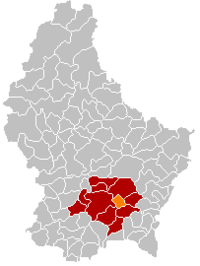 桑德韦勒在卢森堡地图上的位置，桑德韦勒为橙色，卢森堡县为深红色