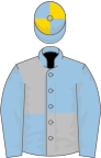 Light blue and silver (quartered), light blue sleeves, blue and gold quartered cap