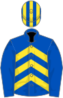 Royal blue, yellow chevrons, royal blue sleeves, striped cap
