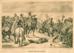 Painting titled Tåget öfver Bält by Carl Andreas Dahlström showing cavalry with troops in the background