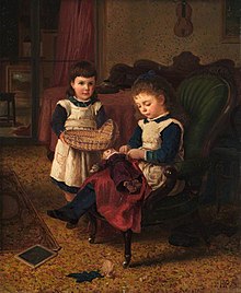 A sitting child playing with a doll while another holds a basket by Horace William Petherick (1839-1919)