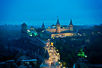 Look at a castle with many towers from afar