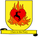 A coat of arms showing a crowned black stag in a red heart engulfed in orange flames on a field of yellow.