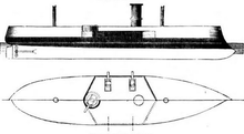 A simple side drawing of a ship with black shaded areas showing the waterline belt armor and the casemate.