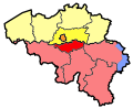 Image 19Map showing the division of Brabant into Flemish Brabant (yellow), Walloon Brabant (red) and the Brussels-Capital Region (orange) in 1995 (from History of Belgium)