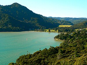 Looking north-west from Huia look-out over Huia bay towards the Lower Huia Dam.