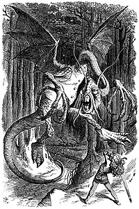 John Tenniel's illustration of the Jabberwock for Lewis Carroll's Through the Looking-Glass, showing the dragon as a myopic professor[12]