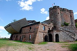 An oblique view of two sides of the chateau