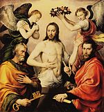 Photograph of painting of Jesus with Saints Peter and Paul, by Antonis Mor, about 1564.