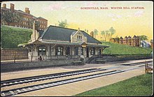 An early postcard showing a small stone railway station