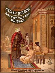 Belle of Nelson whiskey poster (1878), based on a harem scene by Jean-Léon Gérôme.
