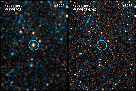 Pair of visible-light and near-infrared photos from the Hubble Space Telescope showing the giant star N6946-BH1 before and after it vanished out of sight by imploding to form a black hole