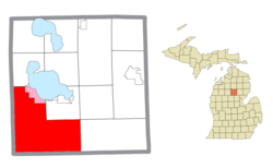 Location within Roscommon County and an administered portion of the Houghton Lake CDP (pink)